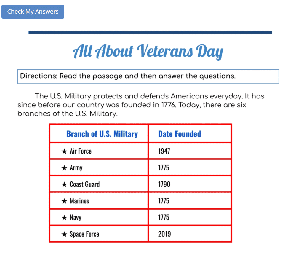 history of veterans day worksheet