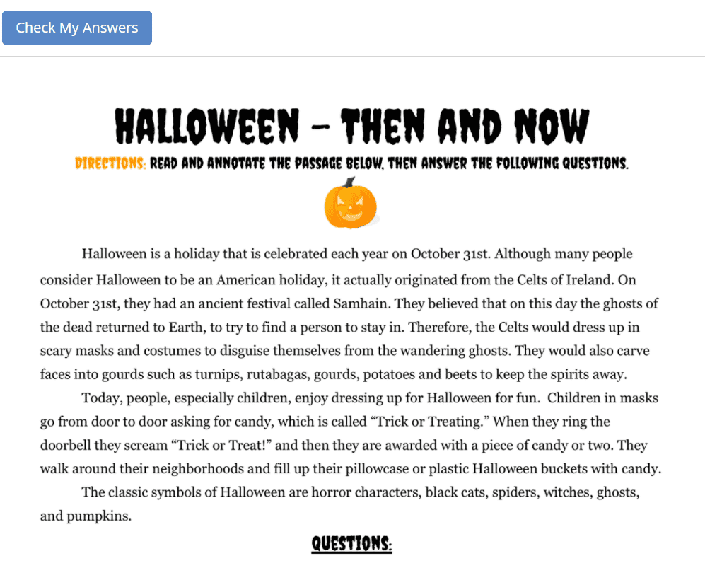 history of halloween worksheet