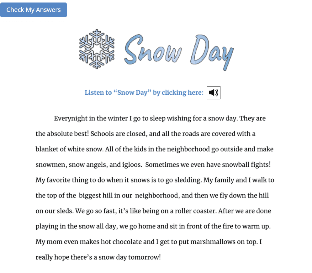 snow day reading comprehension worksheet